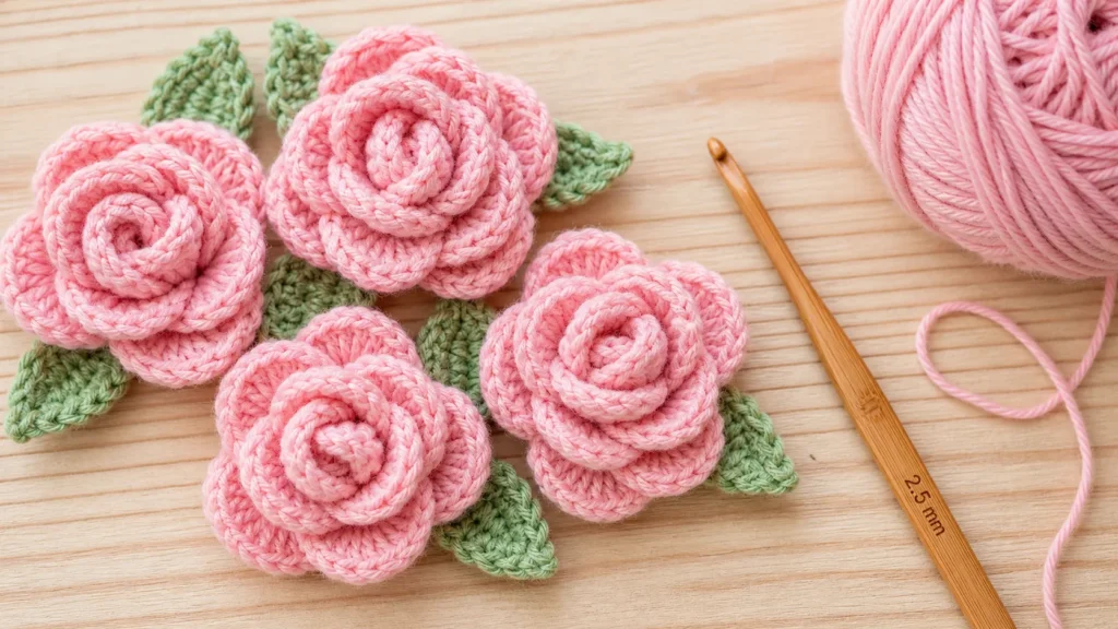 Handmade delicate pastel pink crochet roses with leaves on wood background