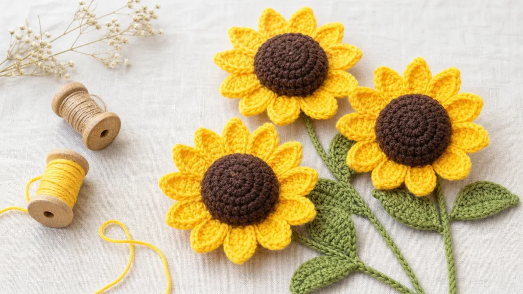 Vibrant handmade crochet sunflower with brown textured center on linen fabric