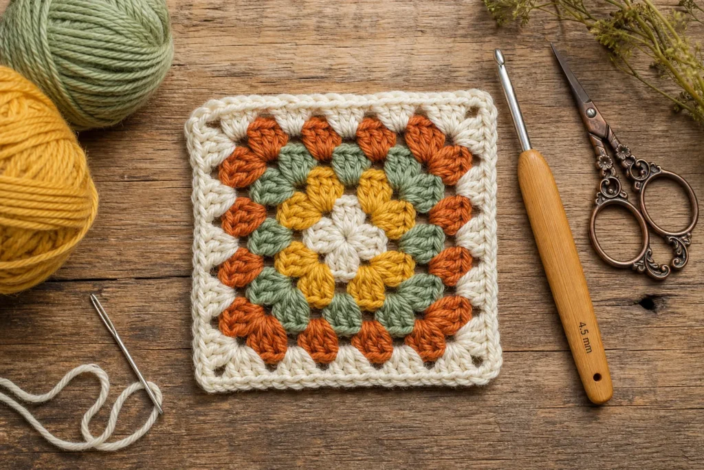 Classic crochet granny square pattern for beginners on a wooden table