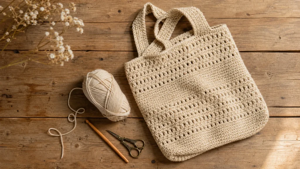 Handmade beige cotton crochet tote bag on rustic wooden table with crochet hook