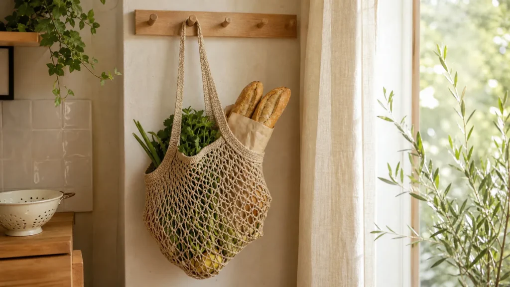 Handmade crochet french market bag with fresh groceries hanging on wall