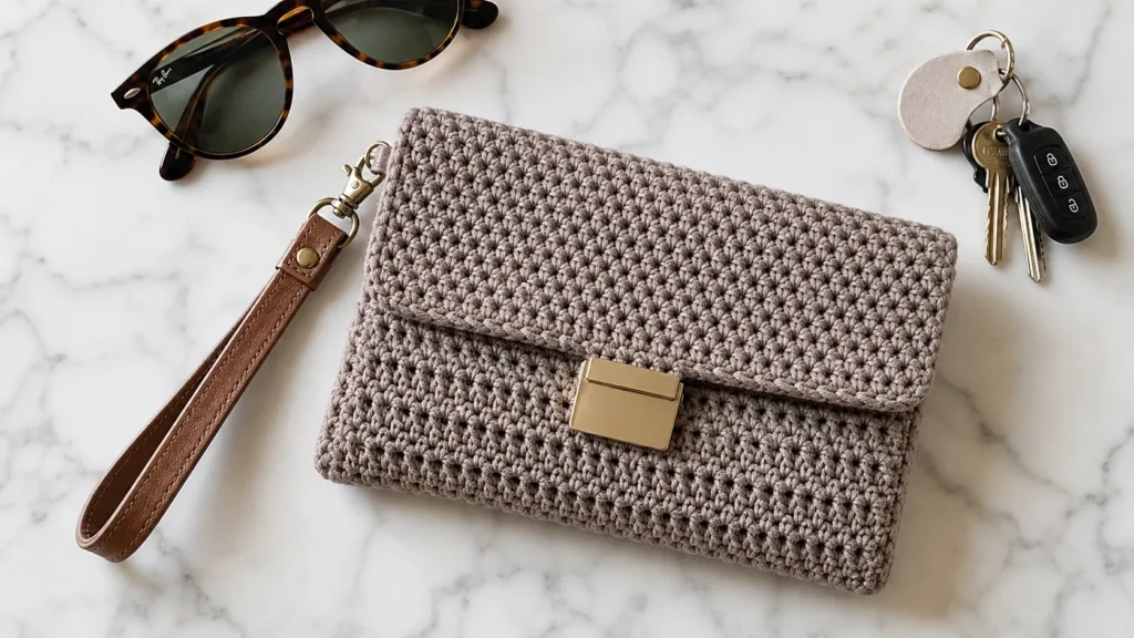 Modern cream textured crochet clutch purse with leather wristlet strap